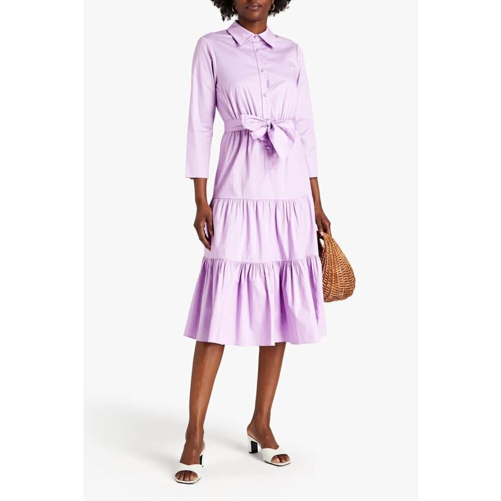 Mikael Aghal Sz 6 Medium Lilac Purple Tiered Cotton Poplin Midi Shirt Dress
